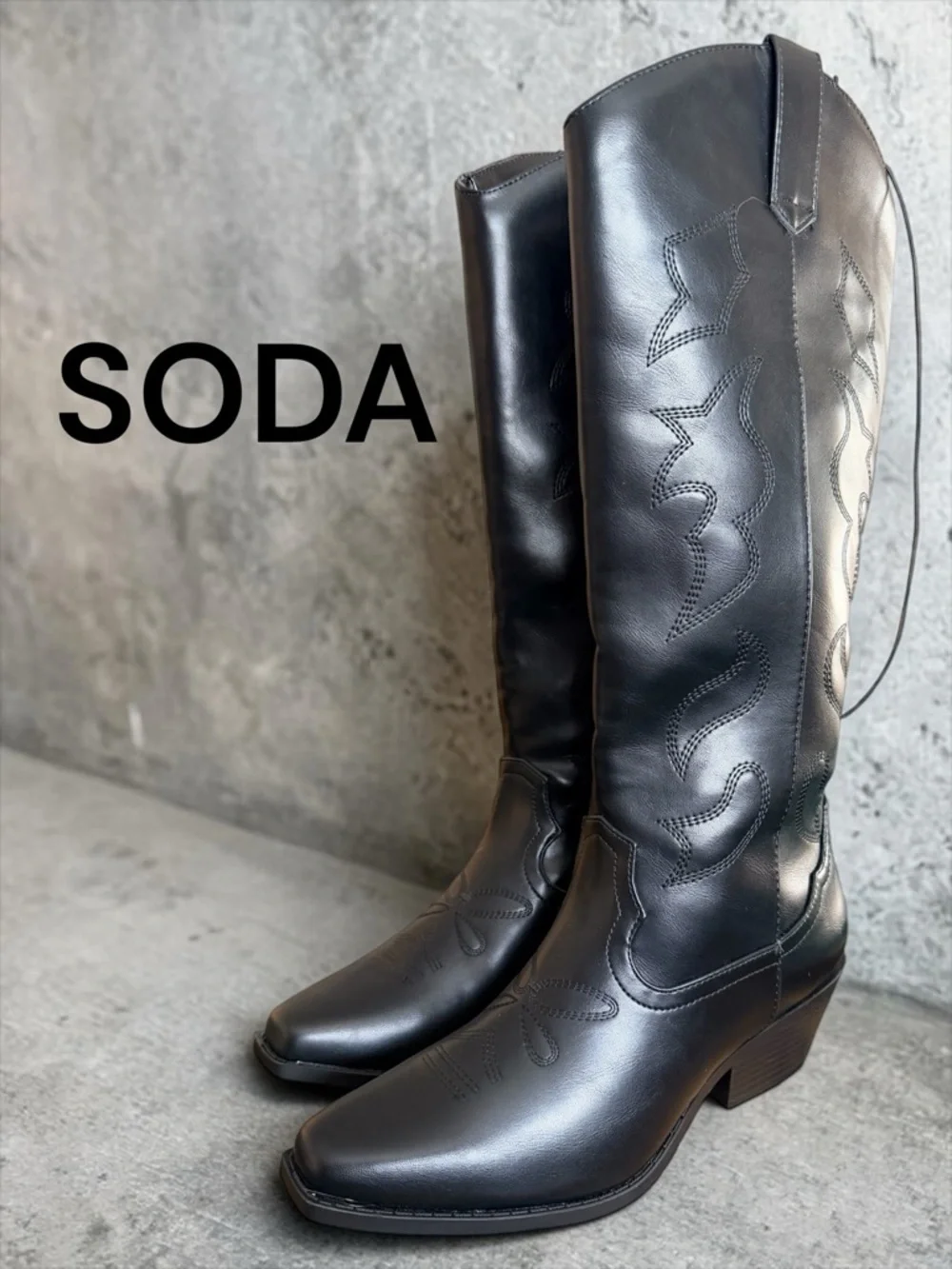 SODA Black Western Cowboy Boots Size 8 Knee High Square Toe Embroidered Rodeo